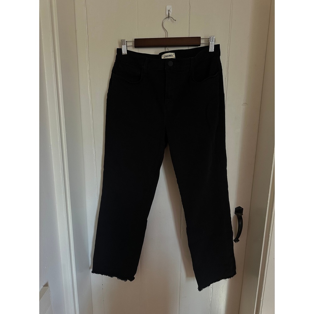 L'AGENCE Black Raw Hem Straight Leg Jeans High Rise Denim Size 29 Made in USA